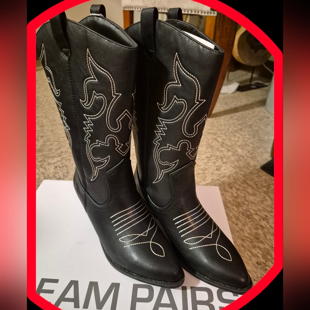 NWTSDream Pairs Women's Black Faux Leather  Western Embroidered Boots